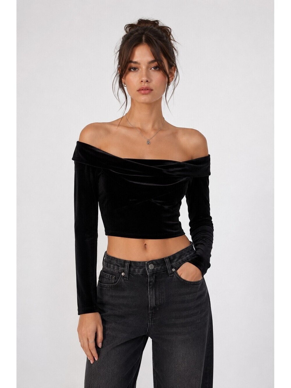 AllSaints Black Velvet Off Shoulder Crop Top Women's US 6 EU 38 Long Sleeve